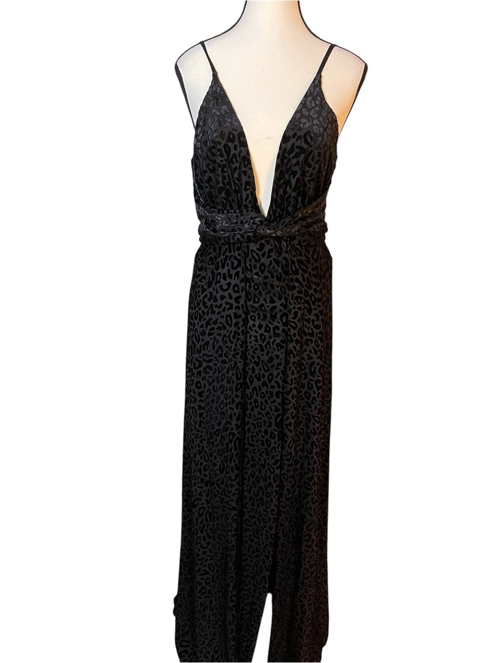 Luxxel Black Cheetah Maxi Dress Gown “Center Stage” Bodysuit Women’s Size M NWT